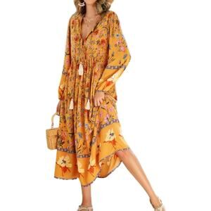 NWT R. VIVIMOS Mustard Boho Floral Tassel Midi Dress Cottagecore Size Small